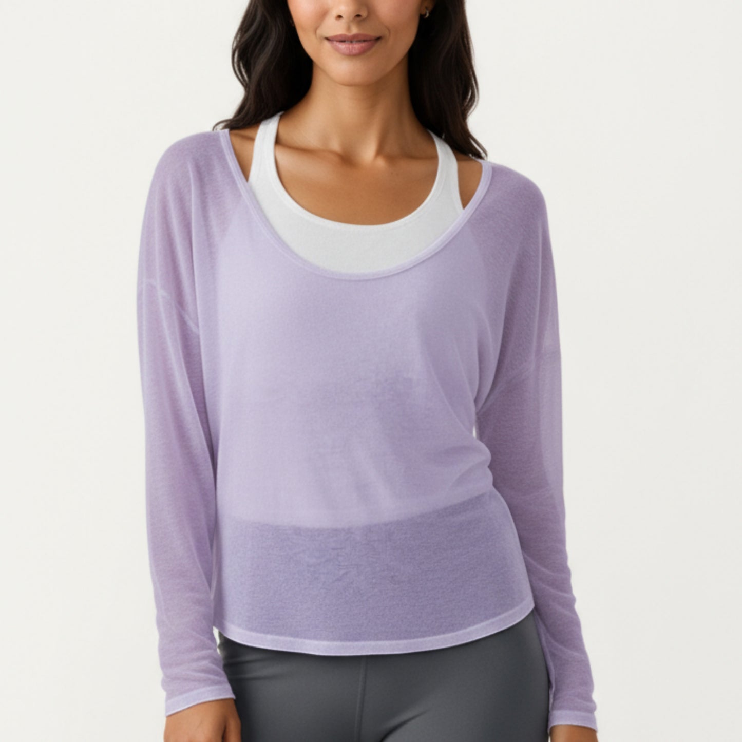 Anna-Kaci Active 2-Piece Women's Long Sleeve Sheer Pullover Top Set with Off Shoulder Neckline and Relaxed Fit