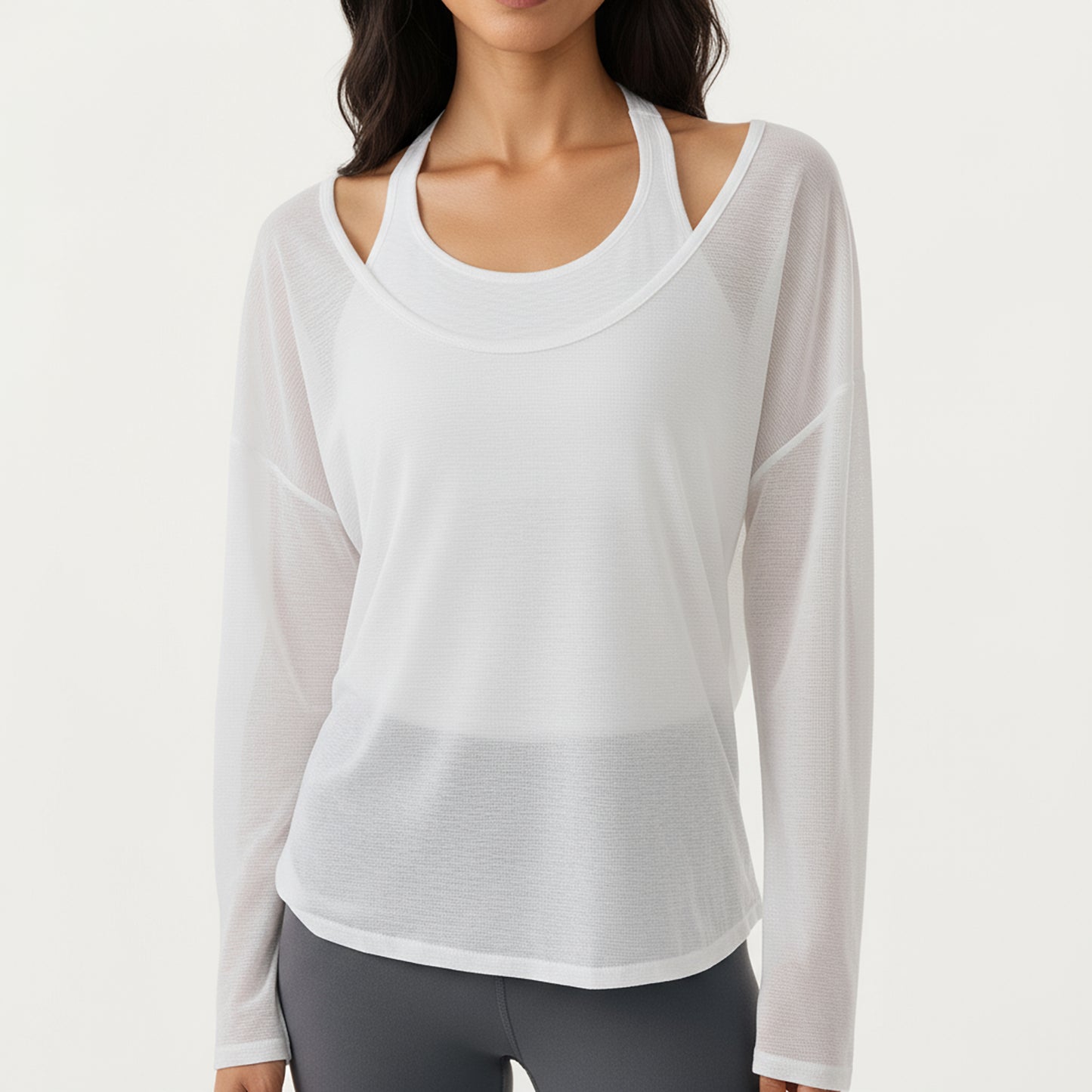 Anna-Kaci Active 2-Piece Women's Long Sleeve Sheer Pullover Top Set with Off Shoulder Neckline and Relaxed Fit