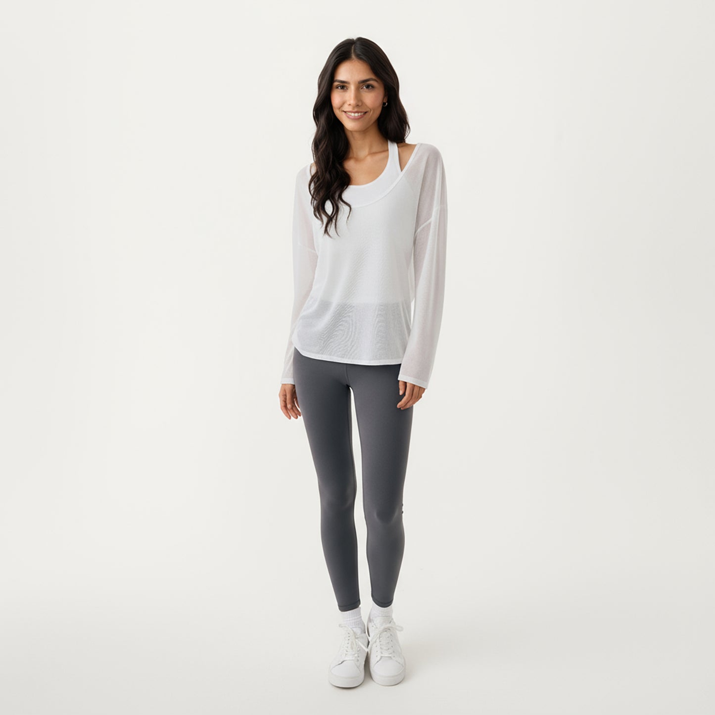 Anna-Kaci Active 2-Piece Women's Long Sleeve Sheer Pullover Top Set with Off Shoulder Neckline and Relaxed Fit