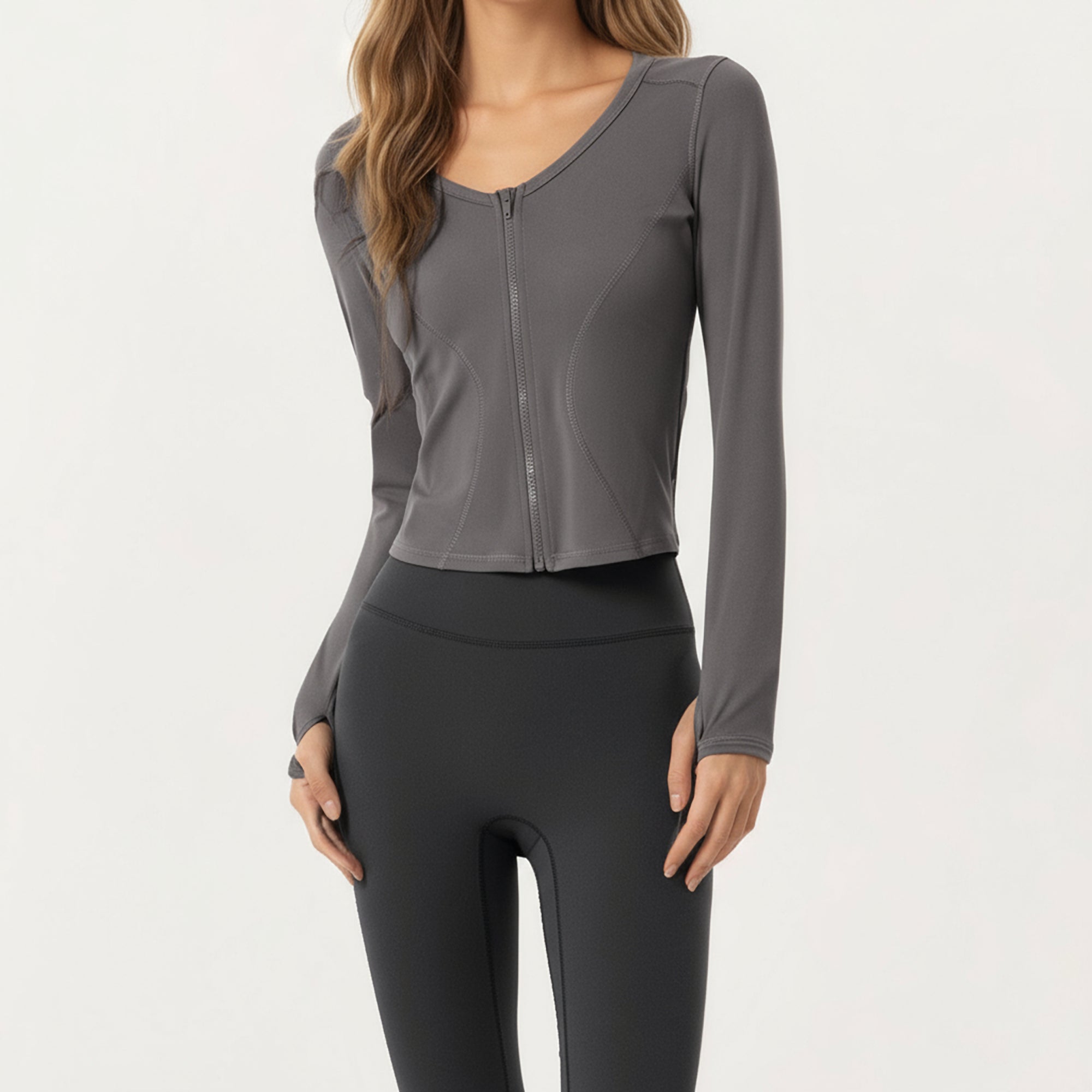 Anna-Kaci Active Women's Long Sleeve Zip Front Cropped Jacket with Contoured Seams and Thumbhole Cuffs