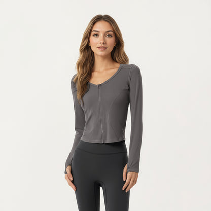 Anna-Kaci Active Women's Long Sleeve Zip Front Cropped Jacket with Contoured Seams and Thumbhole Cuffs
