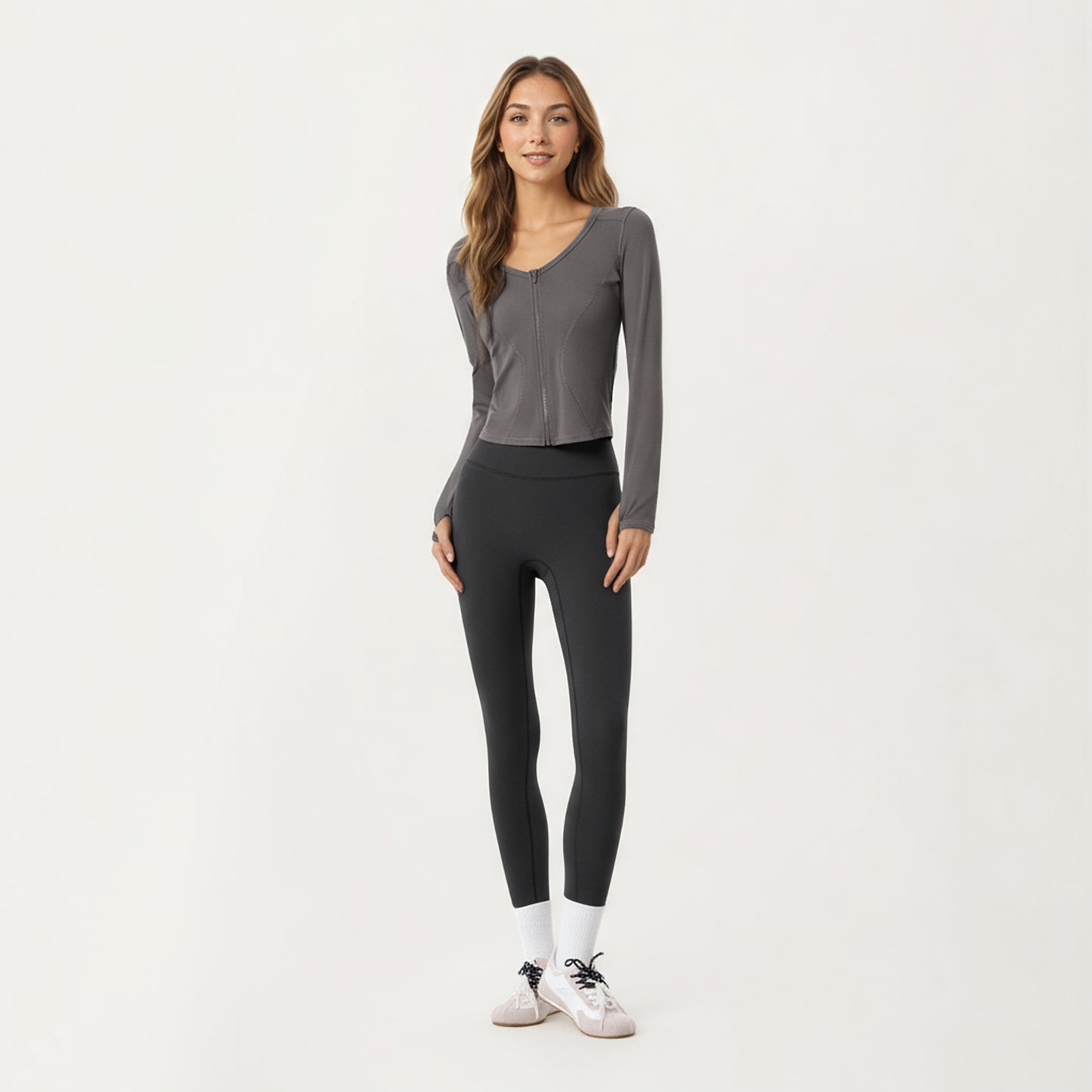 Anna-Kaci Active Women's Long Sleeve Zip Front Cropped Jacket with Contoured Seams and Thumbhole Cuffs