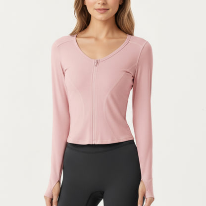 Anna-Kaci Active Women's Long Sleeve Zip Front Cropped Jacket with Contoured Seams and Thumbhole Cuffs