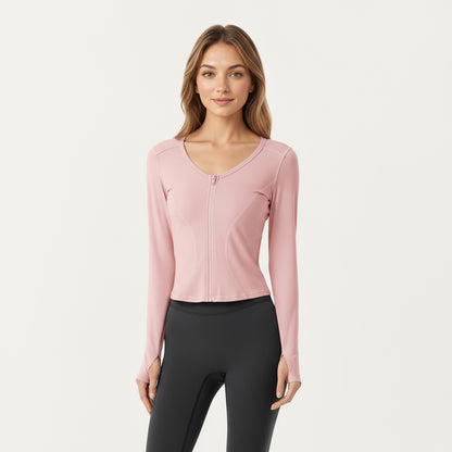 Anna-Kaci Active Women's Long Sleeve Zip Front Cropped Jacket with Contoured Seams and Thumbhole Cuffs