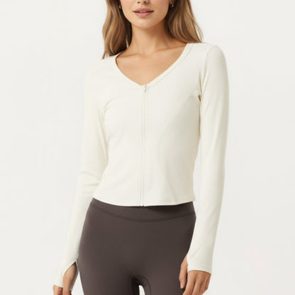 Anna-Kaci Active Women's Long Sleeve Zip Front Cropped Jacket with Contoured Seams and Thumbhole Cuffs