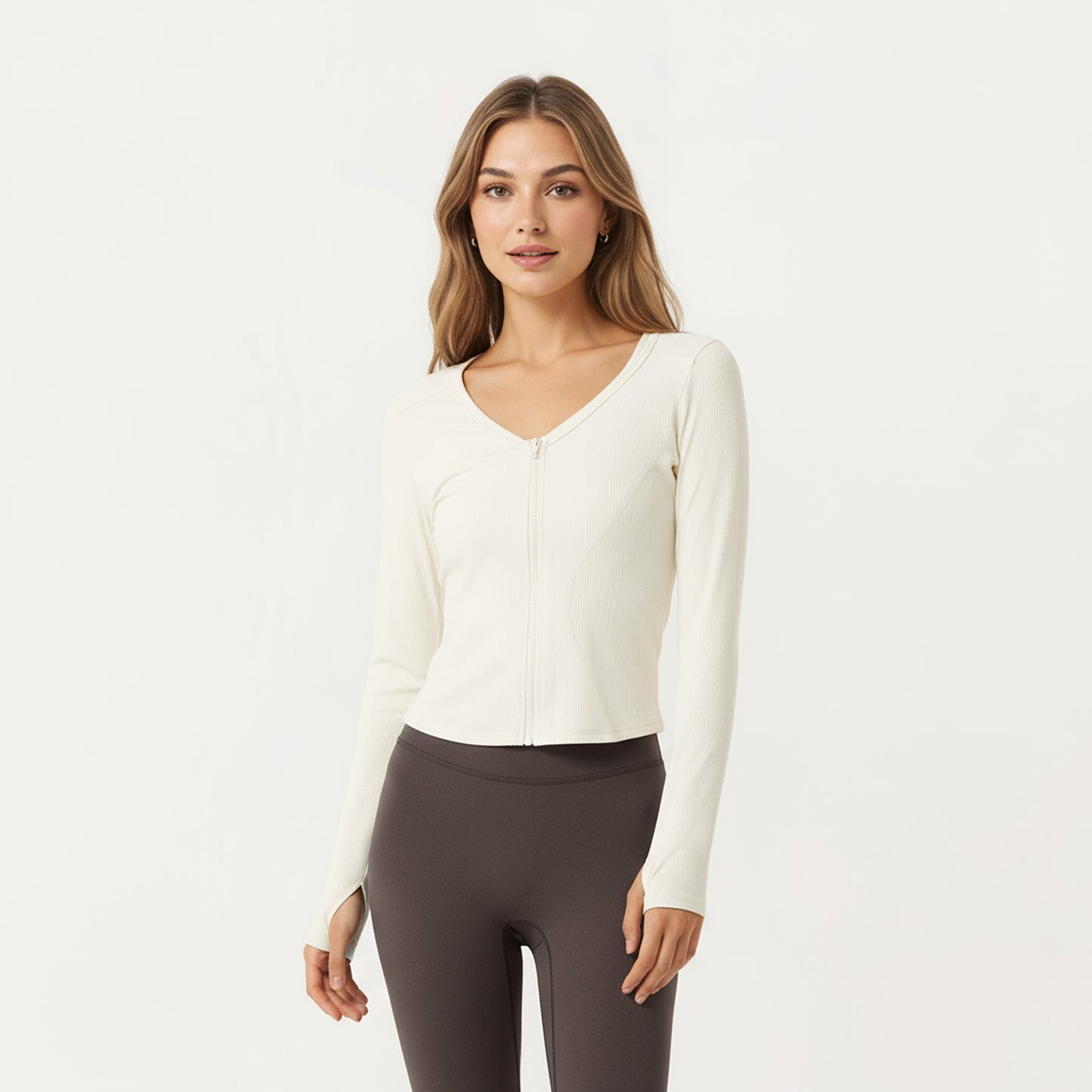 Anna-Kaci Active Women's Long Sleeve Zip Front Cropped Jacket with Contoured Seams and Thumbhole Cuffs