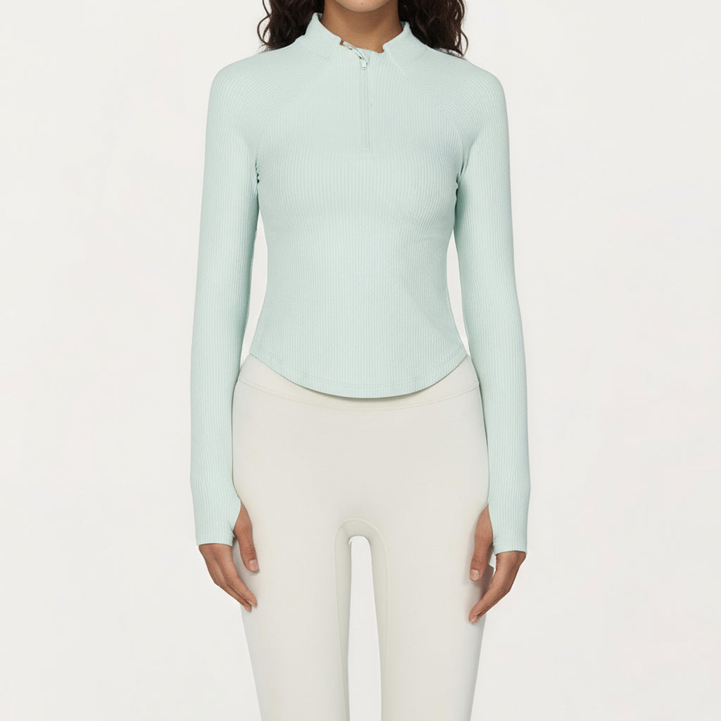 Anna-Kaci Active Women's Long Sleeve Ribbed Knit Half Zip Top with Curved Hem and Fitted Silhouette