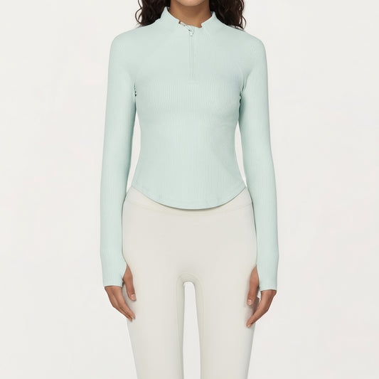 Anna-Kaci Active Women's Long Sleeve Ribbed Knit Half Zip Top with Curved Hem and Fitted Silhouette