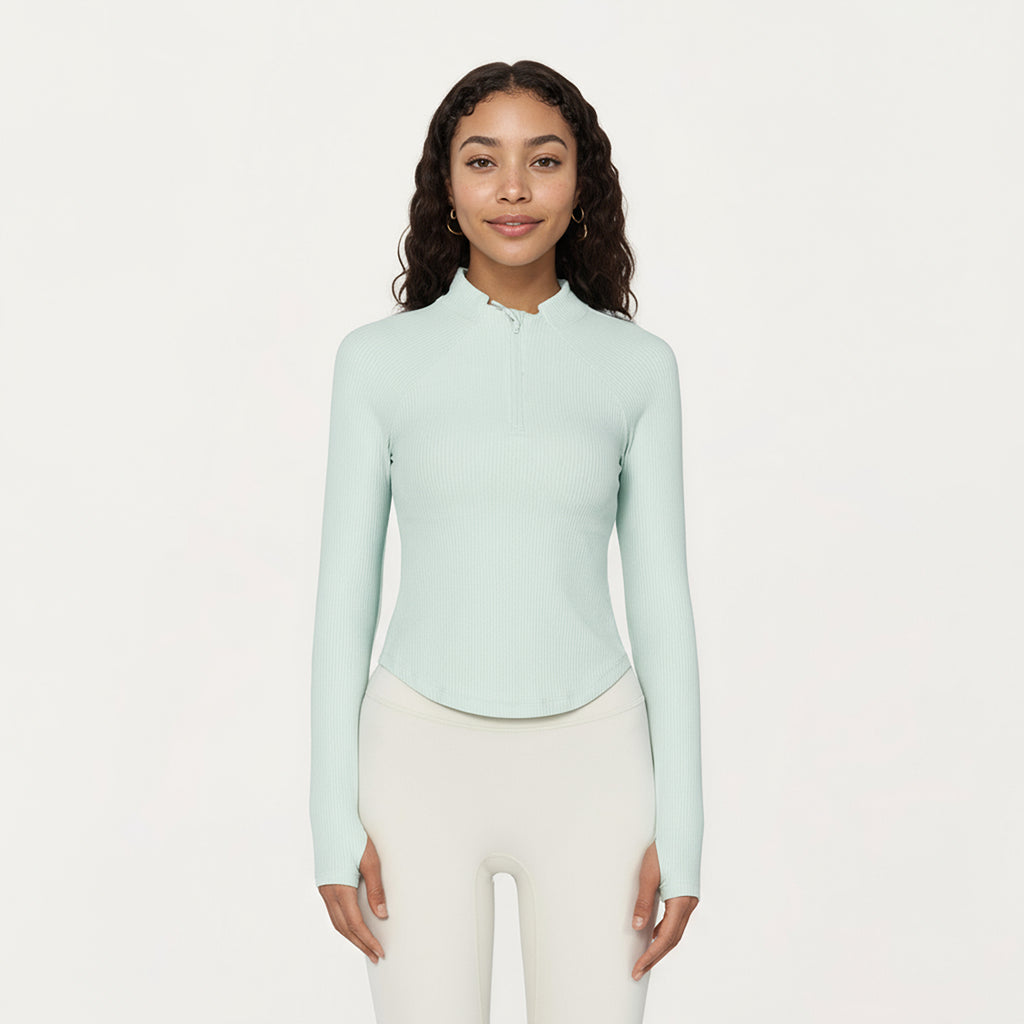 Anna-Kaci Active Women's Long Sleeve Ribbed Knit Half Zip Top with Curved Hem and Fitted Silhouette