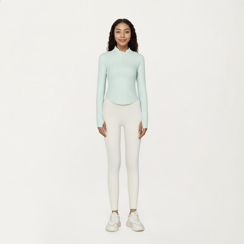 Anna-Kaci Active Women's Long Sleeve Ribbed Knit Half Zip Top with Curved Hem and Fitted Silhouette