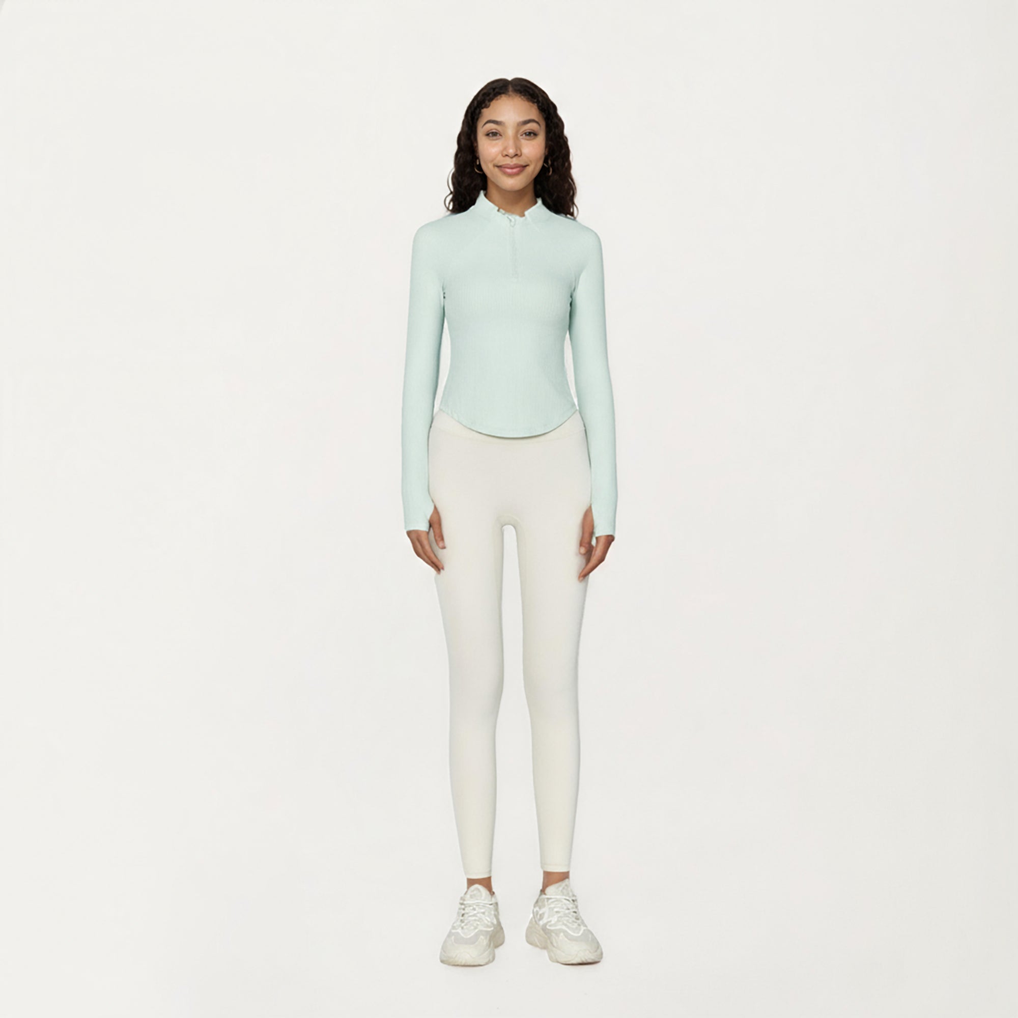Anna-Kaci Active Women's Long Sleeve Ribbed Knit Half Zip Top with Curved Hem and Fitted Silhouette