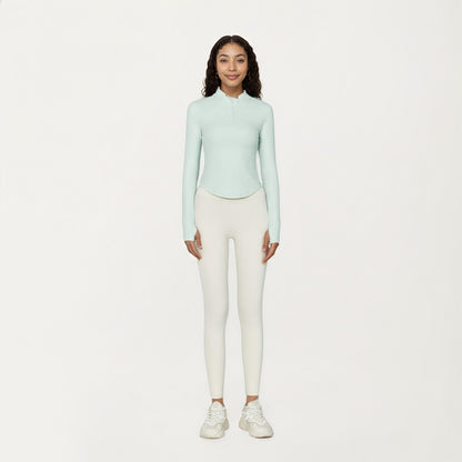 Anna-Kaci Active Women's Long Sleeve Ribbed Knit Half Zip Top with Curved Hem and Fitted Silhouette