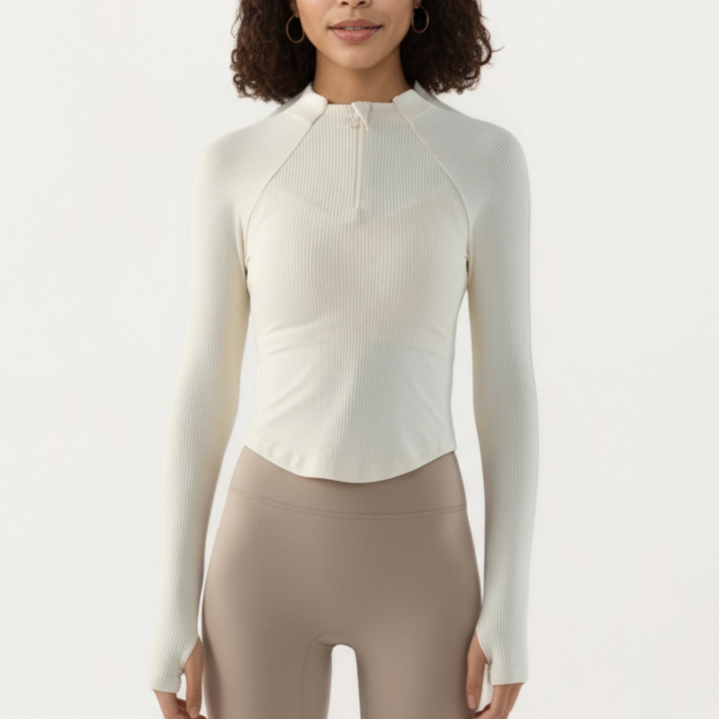 Anna-Kaci Active Women's Long Sleeve Ribbed Knit Half Zip Top with Curved Hem and Fitted Silhouette