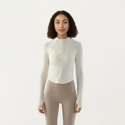 Anna-Kaci Active Women's Long Sleeve Ribbed Knit Half Zip Top with Curved Hem and Fitted Silhouette