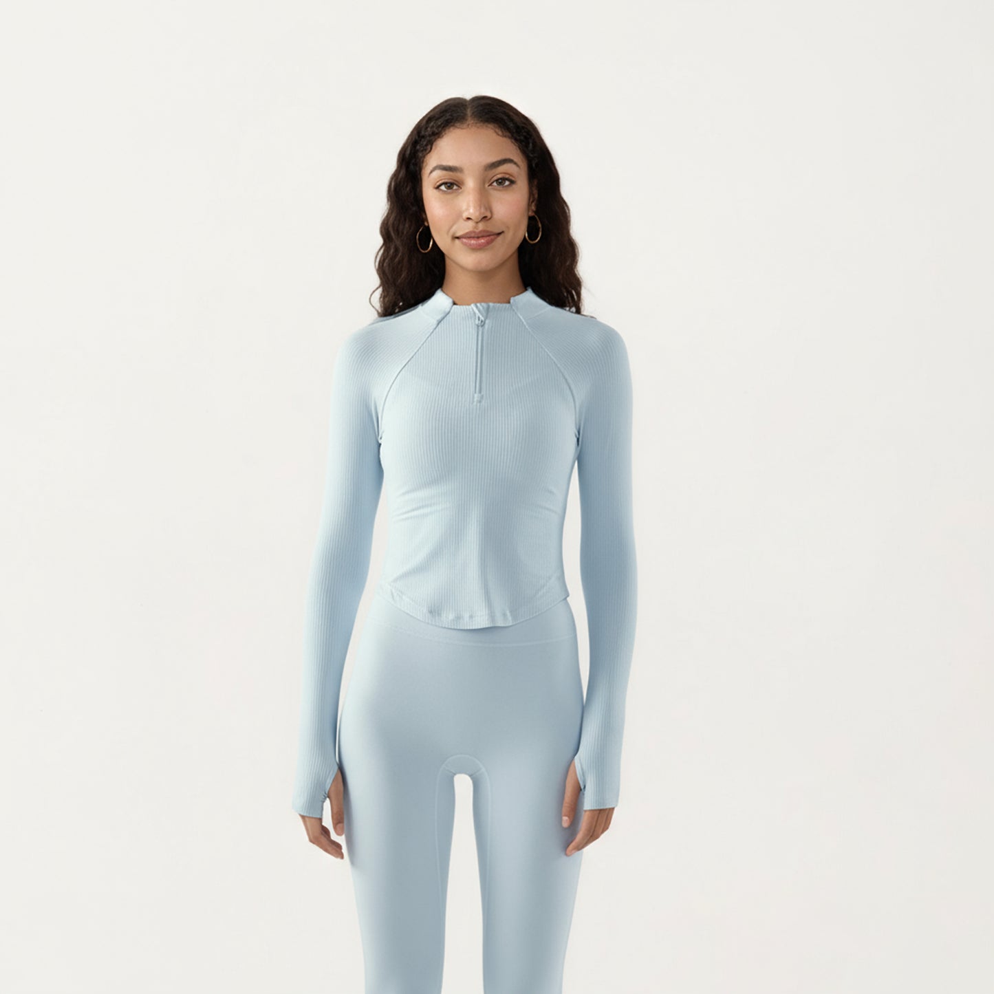 Anna-Kaci Active Women's Long Sleeve Ribbed Knit Half Zip Top with Curved Hem and Fitted Silhouette