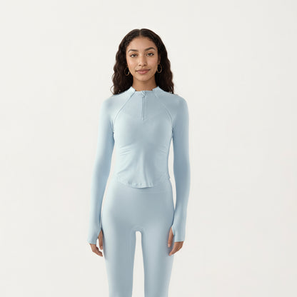 Anna-Kaci Active Women's Long Sleeve Ribbed Knit Half Zip Top with Curved Hem and Fitted Silhouette