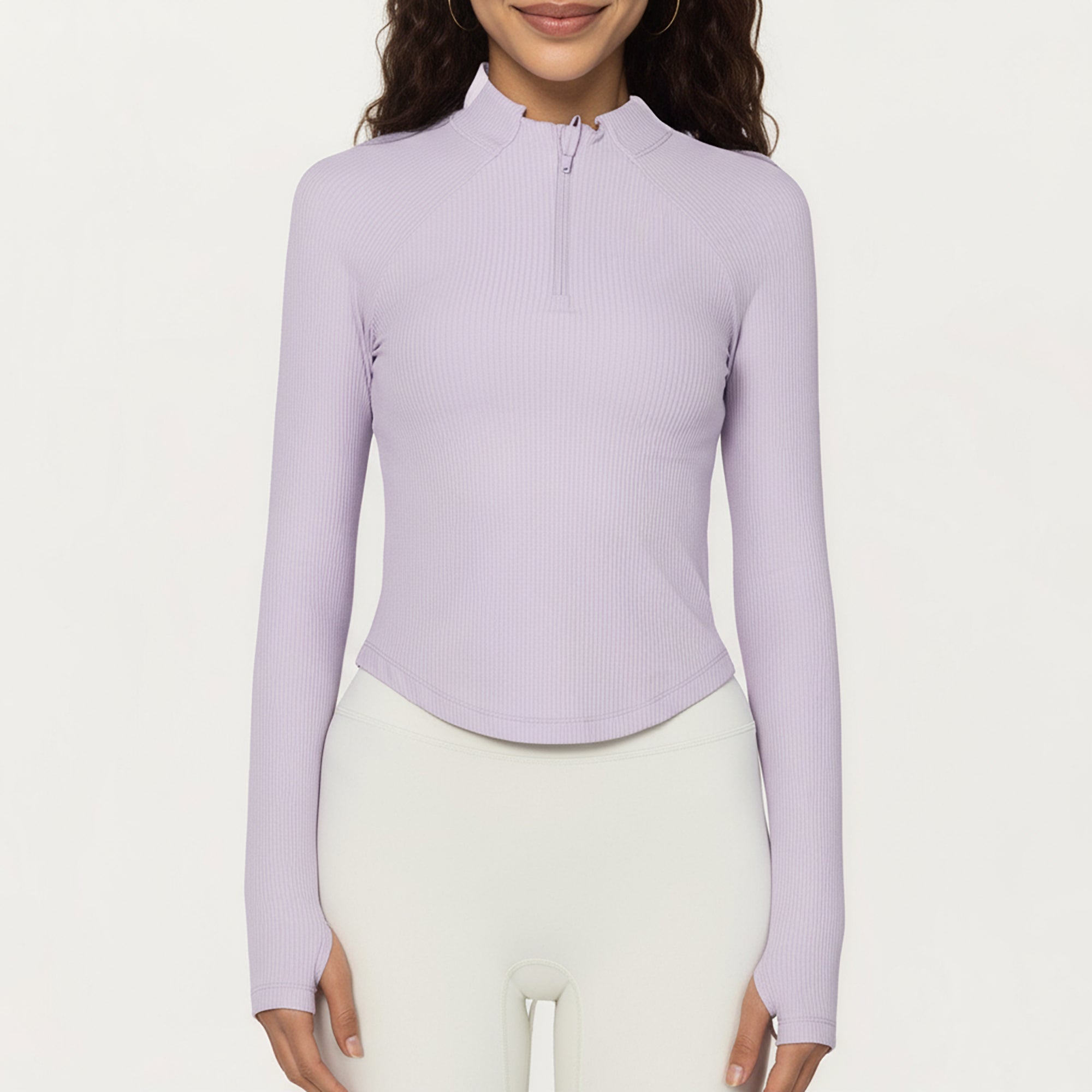 Anna-Kaci Active Women's Long Sleeve Ribbed Knit Half Zip Top with Curved Hem and Fitted Silhouette