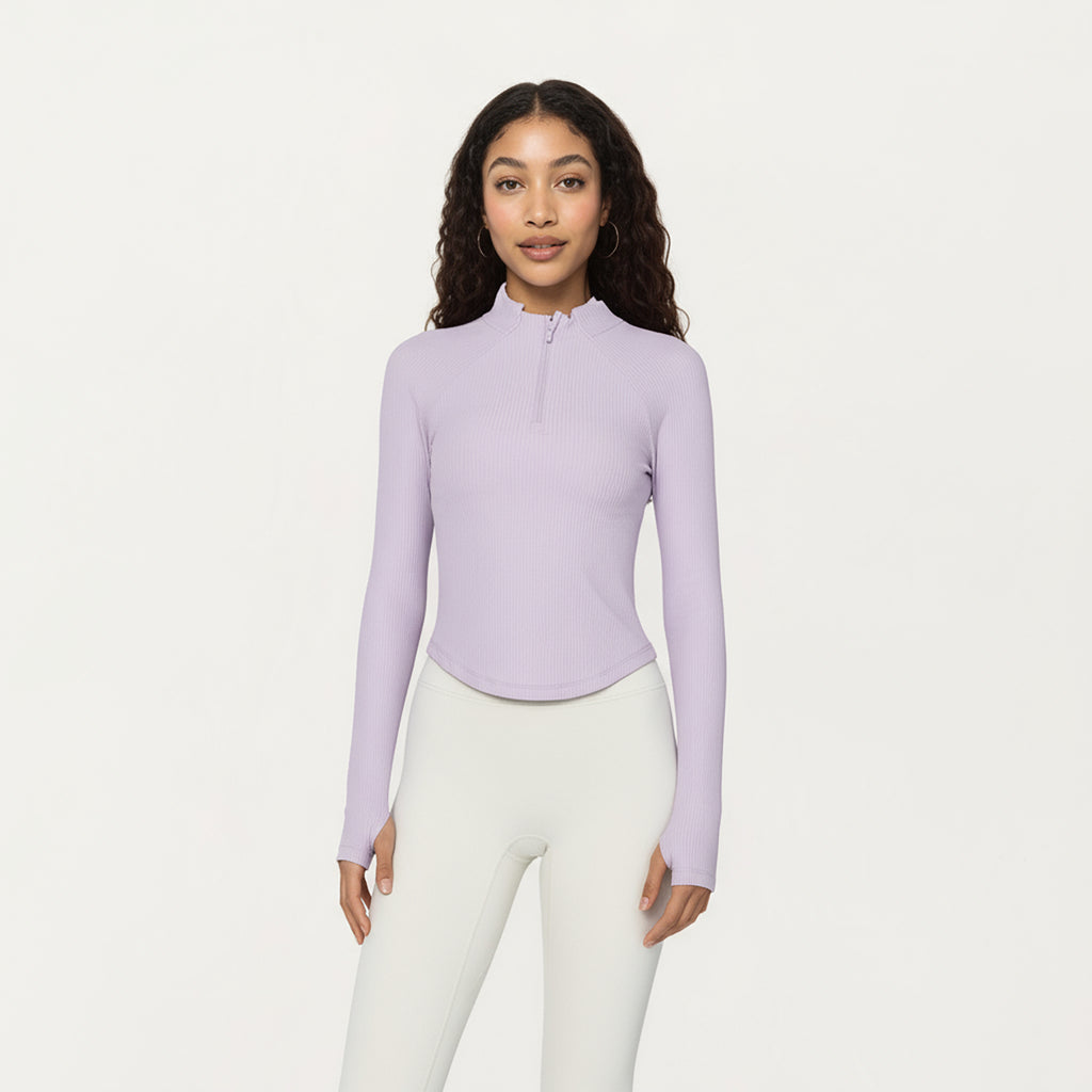 Anna-Kaci Active Women's Long Sleeve Ribbed Knit Half Zip Top with Curved Hem and Fitted Silhouette