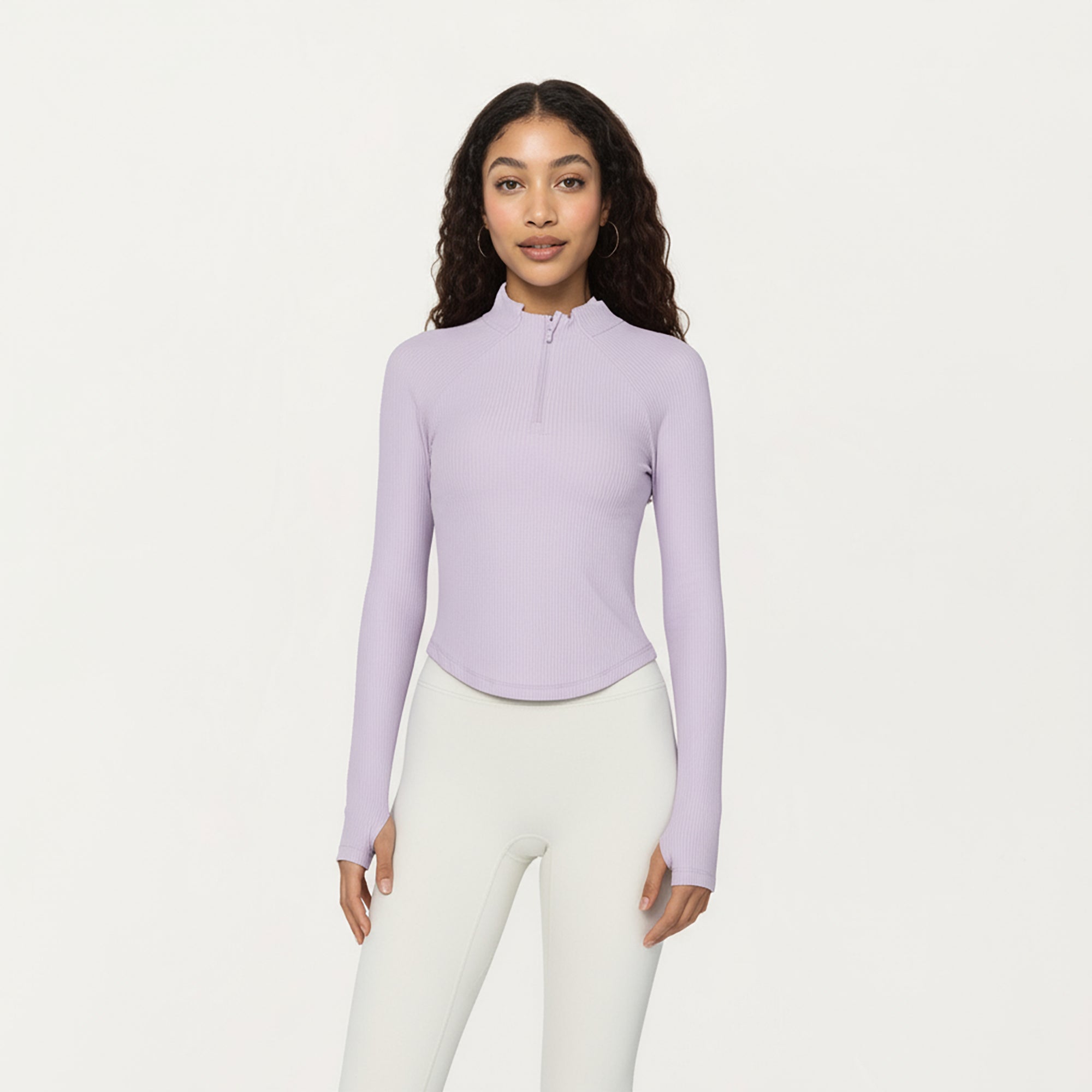 Anna-Kaci Active Women's Long Sleeve Ribbed Knit Half Zip Top with Curved Hem and Fitted Silhouette