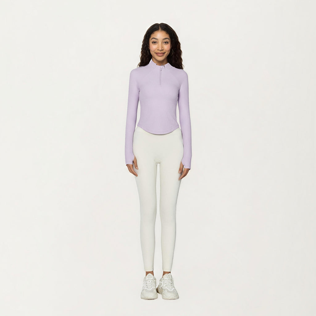 Anna-Kaci Active Women's Long Sleeve Ribbed Knit Half Zip Top with Curved Hem and Fitted Silhouette