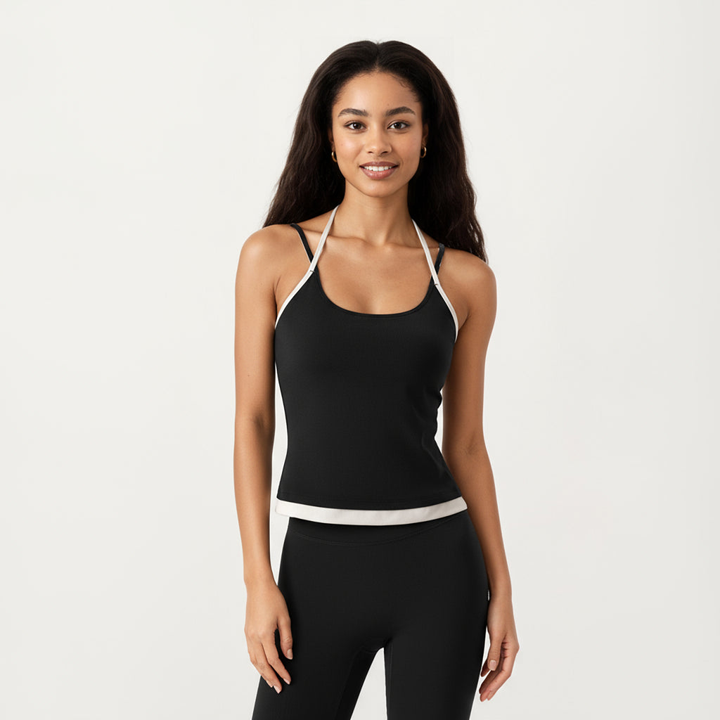Anna-Kaci Active Women's Contrast Trim Halter Neck Cami Top with Fitted Silhouette and Scoop Neckline
