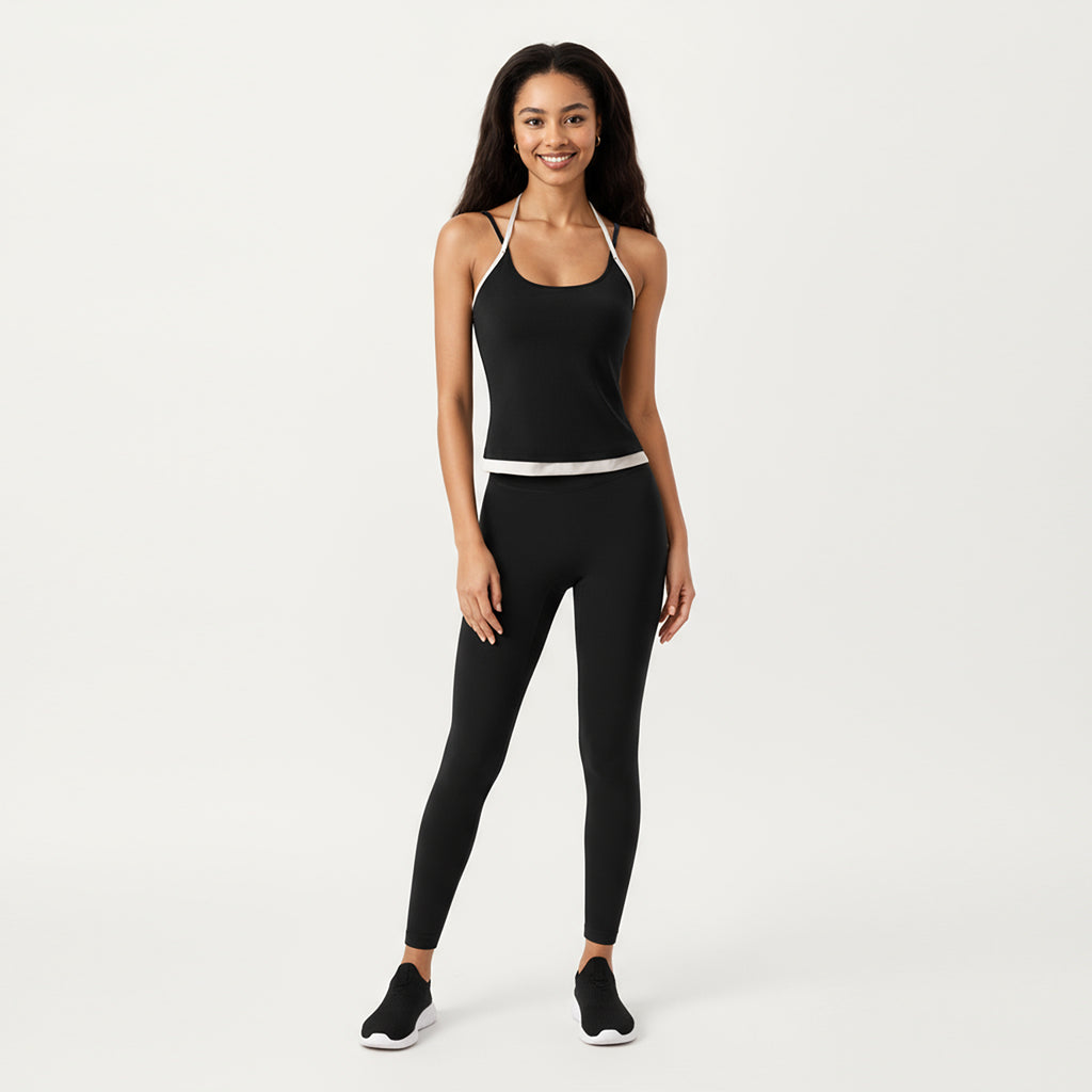 Anna-Kaci Active Women's Contrast Trim Halter Neck Cami Top with Fitted Silhouette and Scoop Neckline