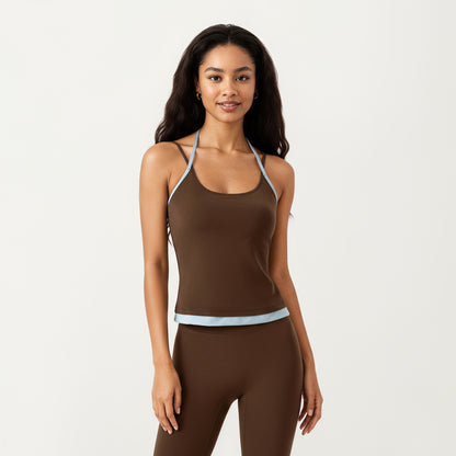 Anna-Kaci Active Women's Contrast Trim Halter Neck Cami Top with Fitted Silhouette and Scoop Neckline