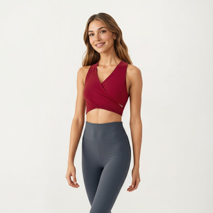Anna-Kaci Active Women's Sleeveless Wrap Front Crop Top with Deep V-Neckline and Twisted Hem Detail