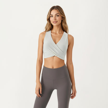 Anna-Kaci Active Women's Sleeveless Wrap Front Crop Top with Deep V-Neckline and Twisted Hem Detail