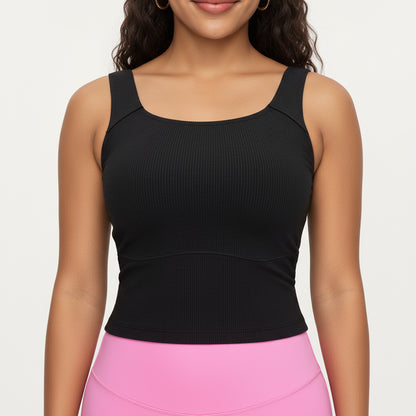 Anna-Kaci Active Women's Ribbed Square Neck Tank Top with Wide Straps and Fitted Stretch Design