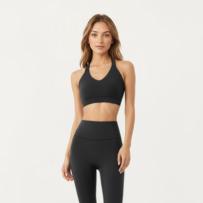 Anna-Kaci Active Women's Double Strap V-Neck Sports Bra with Smooth Stretch Fabric and Supportive Band