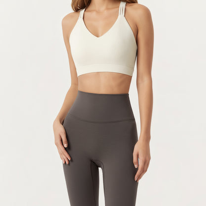 Anna-Kaci Active Women's Double Strap V-Neck Sports Bra with Smooth Stretch Fabric and Supportive Band