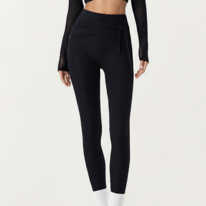 Anna-Kaci Active Women's Ribbed Knit High Waist Leggings with Wrap Tie Waistband and Contrast Cuffed Hem