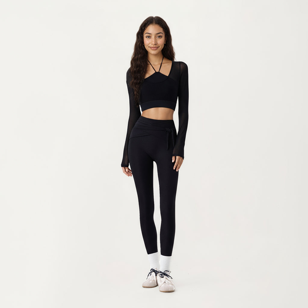 Anna-Kaci Active Women's Ribbed Knit High Waist Leggings with Wrap Tie Waistband and Contrast Cuffed Hem