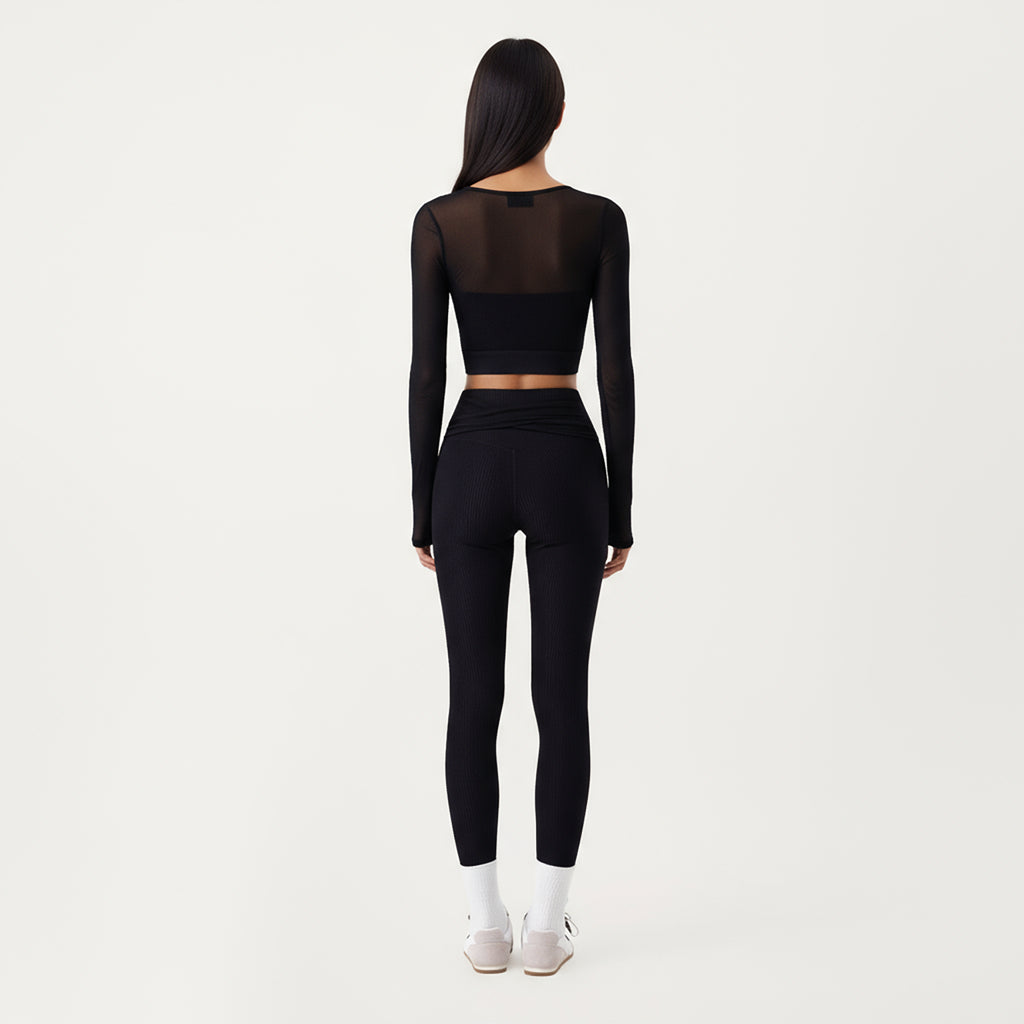 Anna-Kaci Active Women's Ribbed Knit High Waist Leggings with Wrap Tie Waistband and Contrast Cuffed Hem