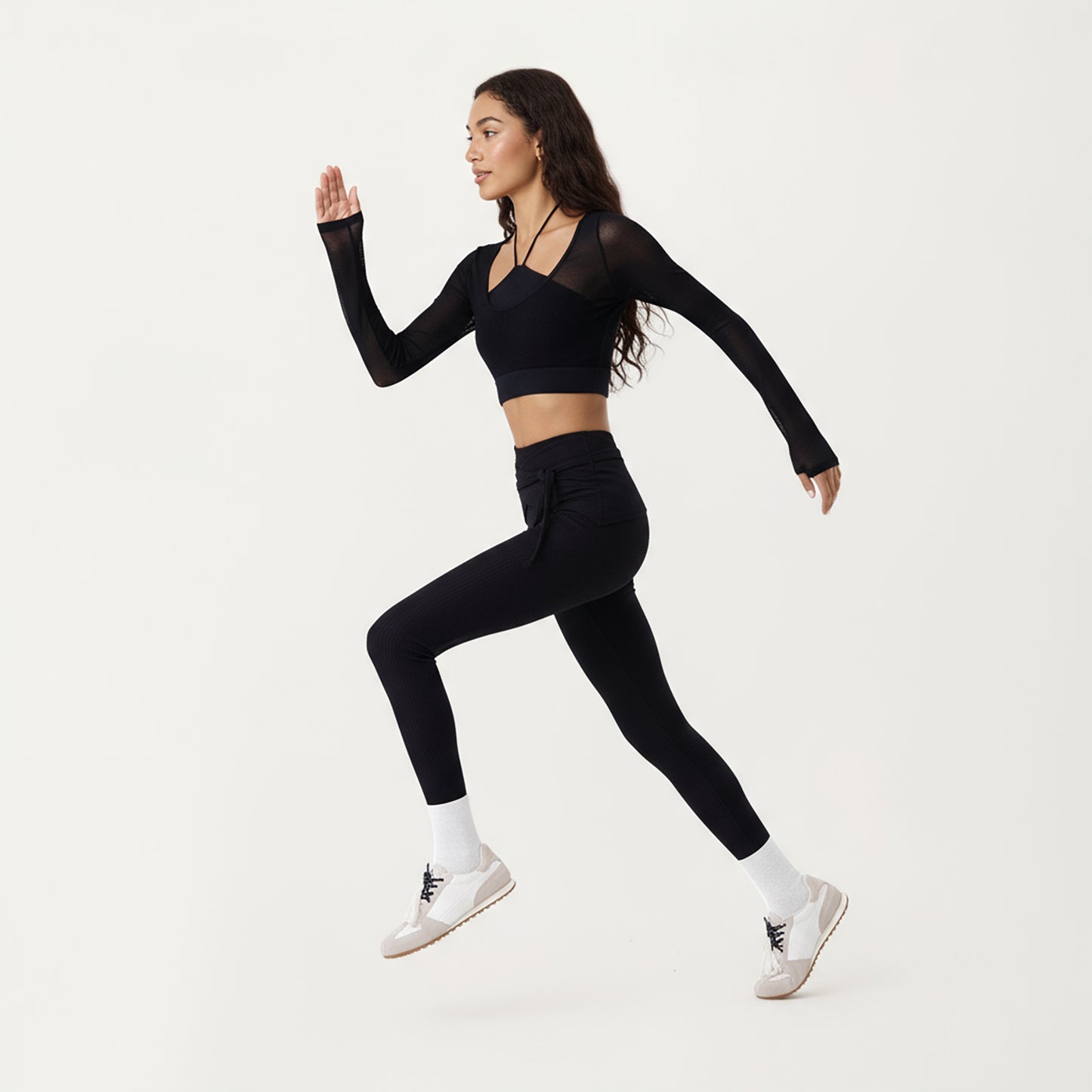 Anna-Kaci Active Women's Ribbed Knit High Waist Leggings with Wrap Tie Waistband and Contrast Cuffed Hem