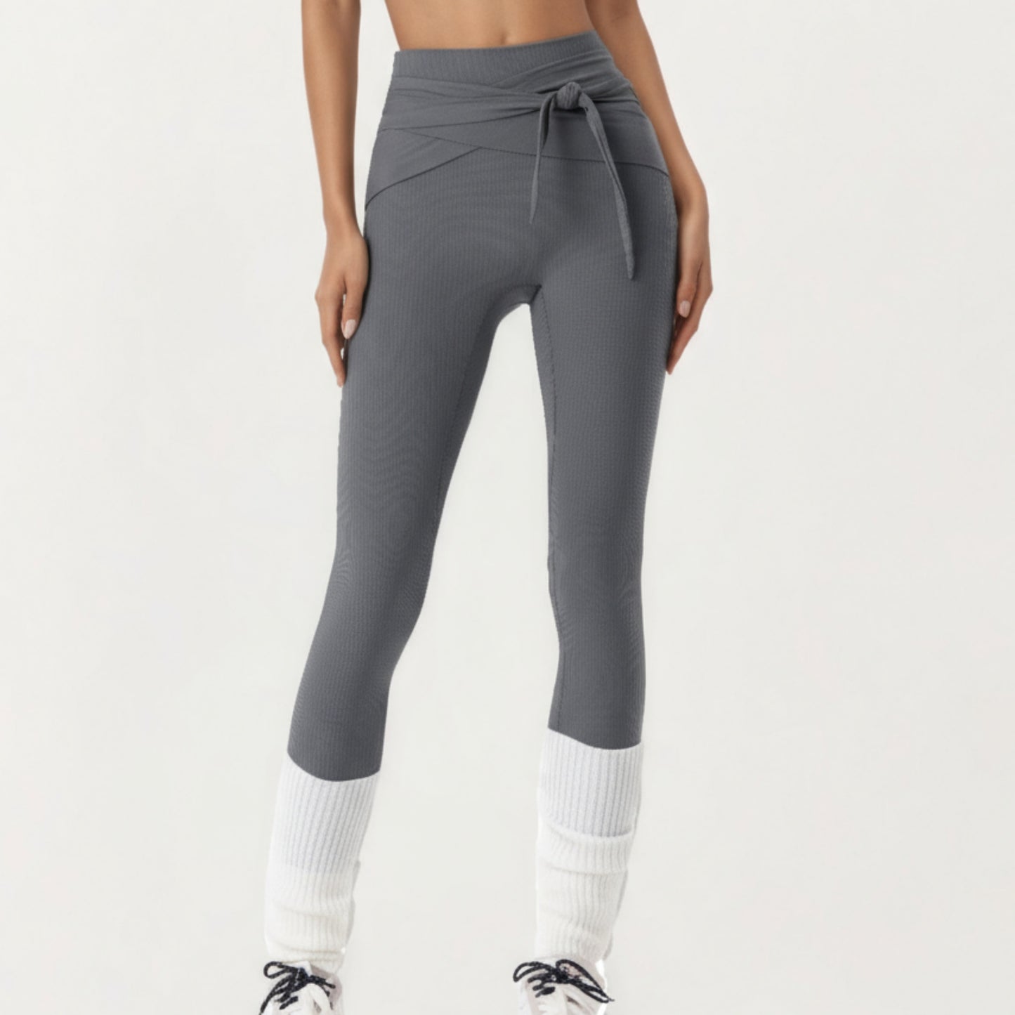 Anna-Kaci Active Women's Ribbed Knit High Waist Leggings with Wrap Tie Waistband and Contrast Cuffed Hem