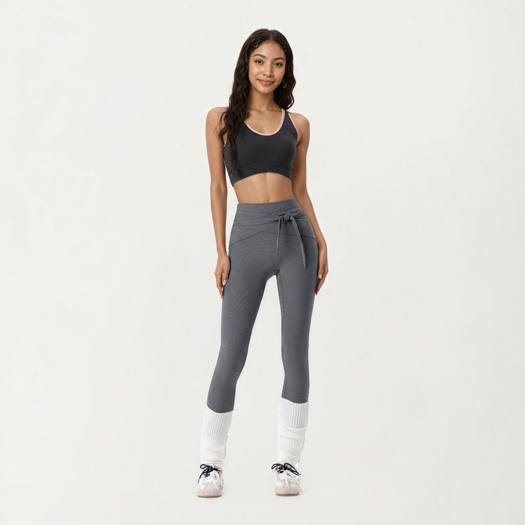 Anna-Kaci Active Women's Ribbed Knit High Waist Leggings with Wrap Tie Waistband and Contrast Cuffed Hem