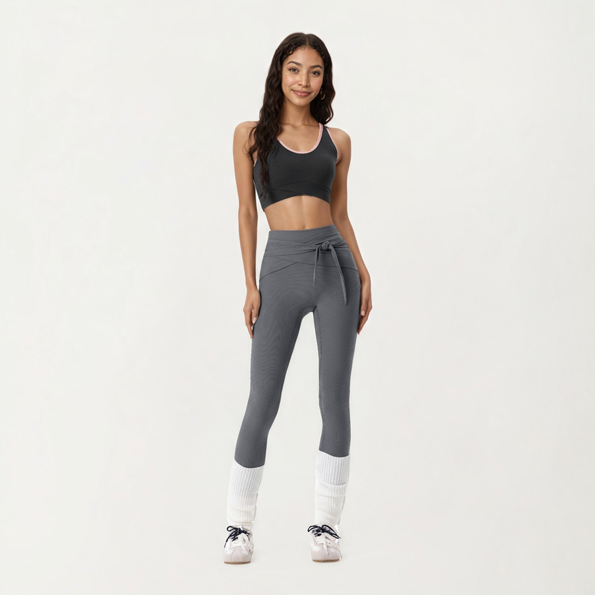 Anna-Kaci Active Women's Ribbed Knit High Waist Leggings with Wrap Tie Waistband and Contrast Cuffed Hem