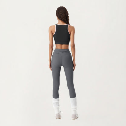 Anna-Kaci Active Women's Ribbed Knit High Waist Leggings with Wrap Tie Waistband and Contrast Cuffed Hem