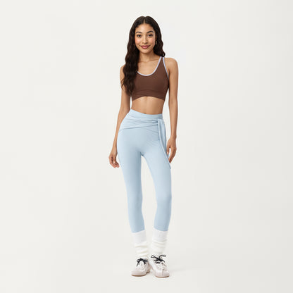 Anna-Kaci Active Women's Ribbed Knit High Waist Leggings with Wrap Tie Waistband and Contrast Cuffed Hem