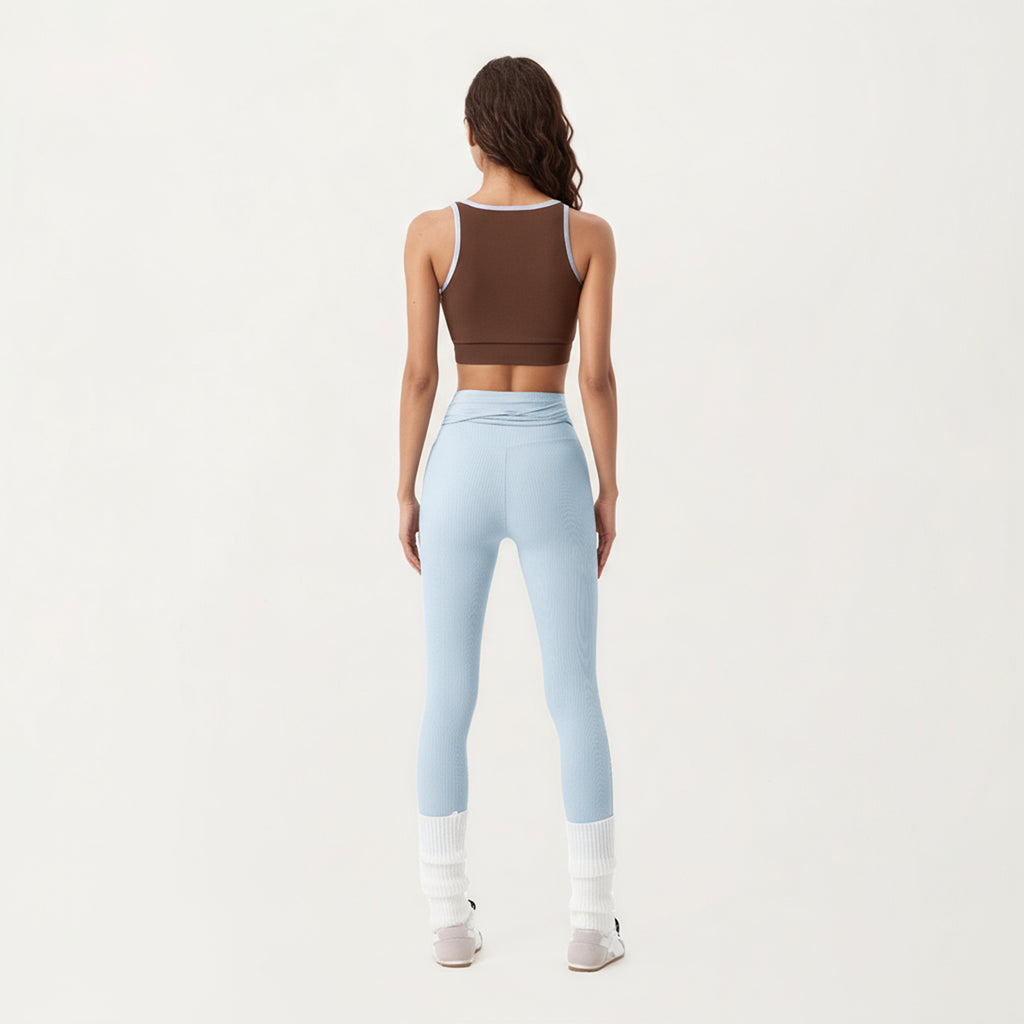 Anna-Kaci Active Women's Ribbed Knit High Waist Leggings with Wrap Tie Waistband and Contrast Cuffed Hem