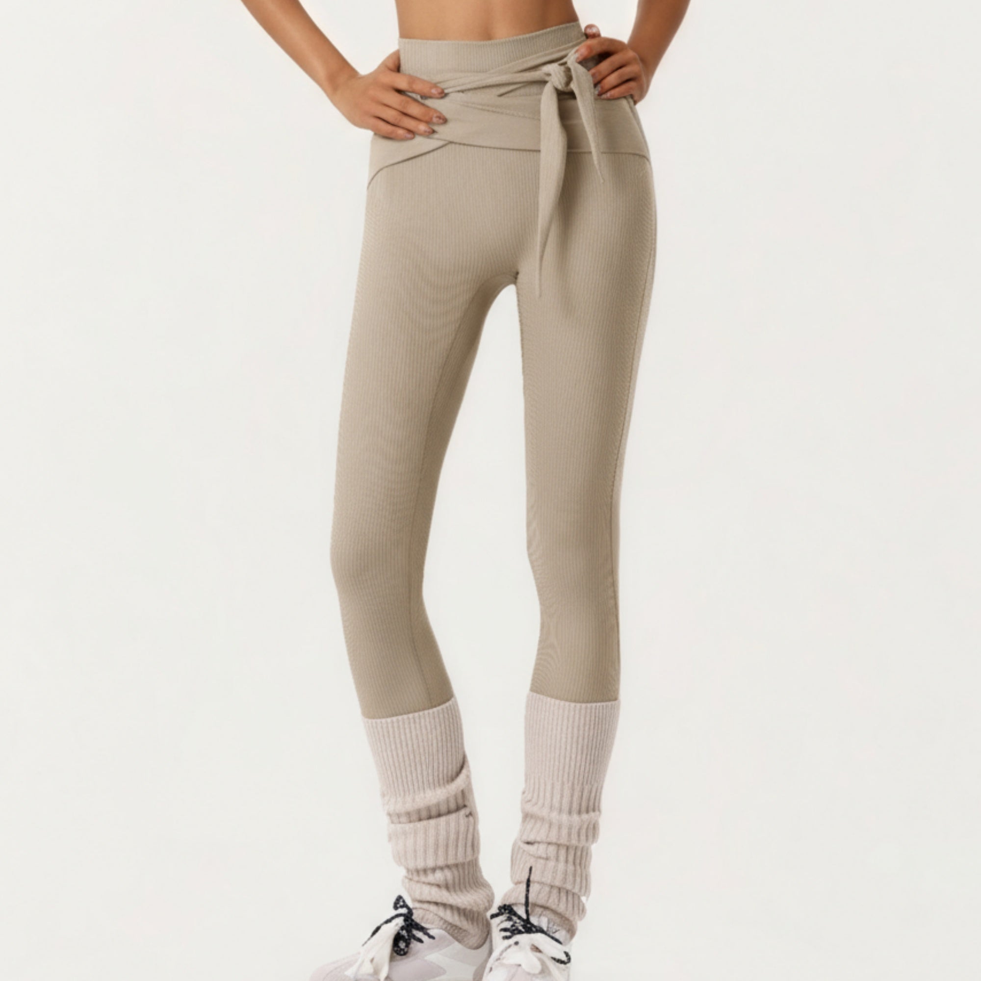 Anna-Kaci Active Women's Ribbed Knit High Waist Leggings with Wrap Tie Waistband and Contrast Cuffed Hem