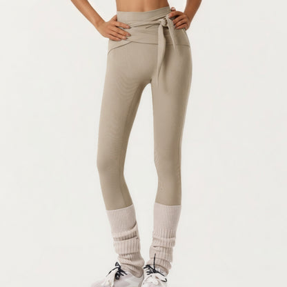 Anna-Kaci Active Women's Ribbed Knit High Waist Leggings with Wrap Tie Waistband and Contrast Cuffed Hem
