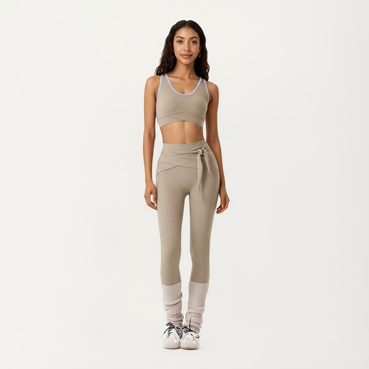 Anna-Kaci Active Women's Ribbed Knit High Waist Leggings with Wrap Tie Waistband and Contrast Cuffed Hem