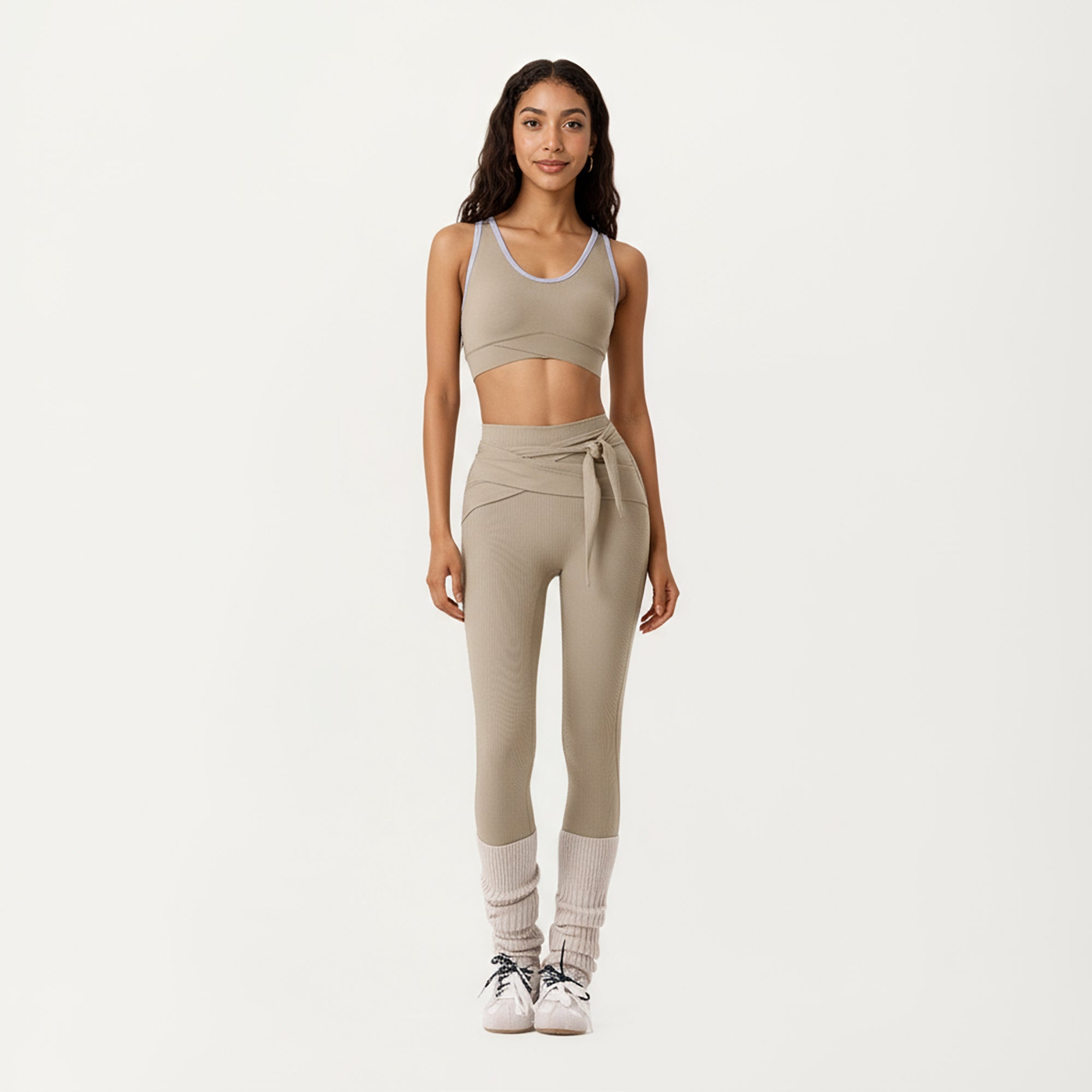 Anna-Kaci Active Women's Ribbed Knit High Waist Leggings with Wrap Tie Waistband and Contrast Cuffed Hem
