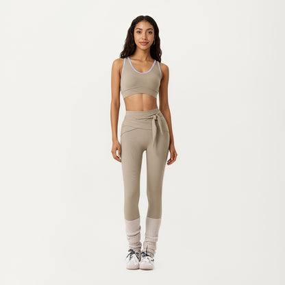 Anna-Kaci Active Women's Ribbed Knit High Waist Leggings with Wrap Tie Waistband and Contrast Cuffed Hem