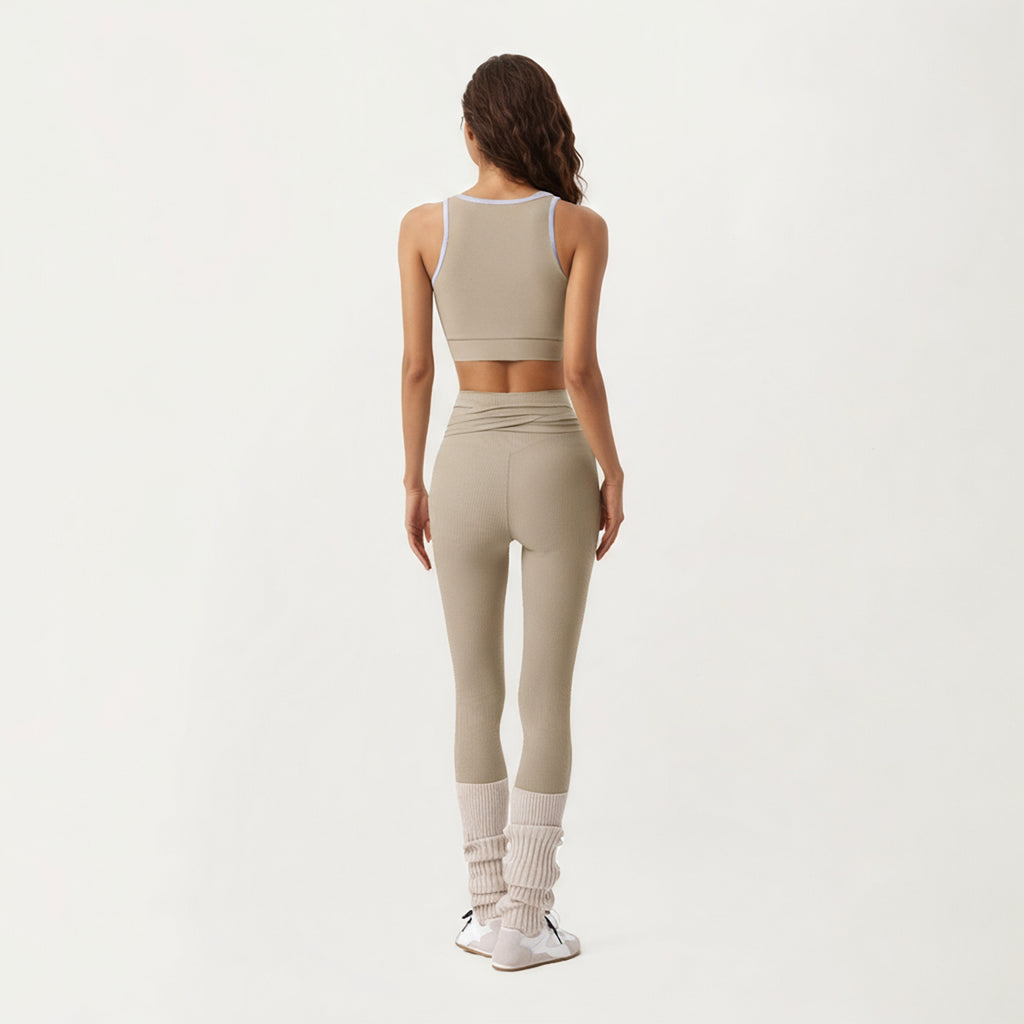 Anna-Kaci Active Women's Ribbed Knit High Waist Leggings with Wrap Tie Waistband and Contrast Cuffed Hem