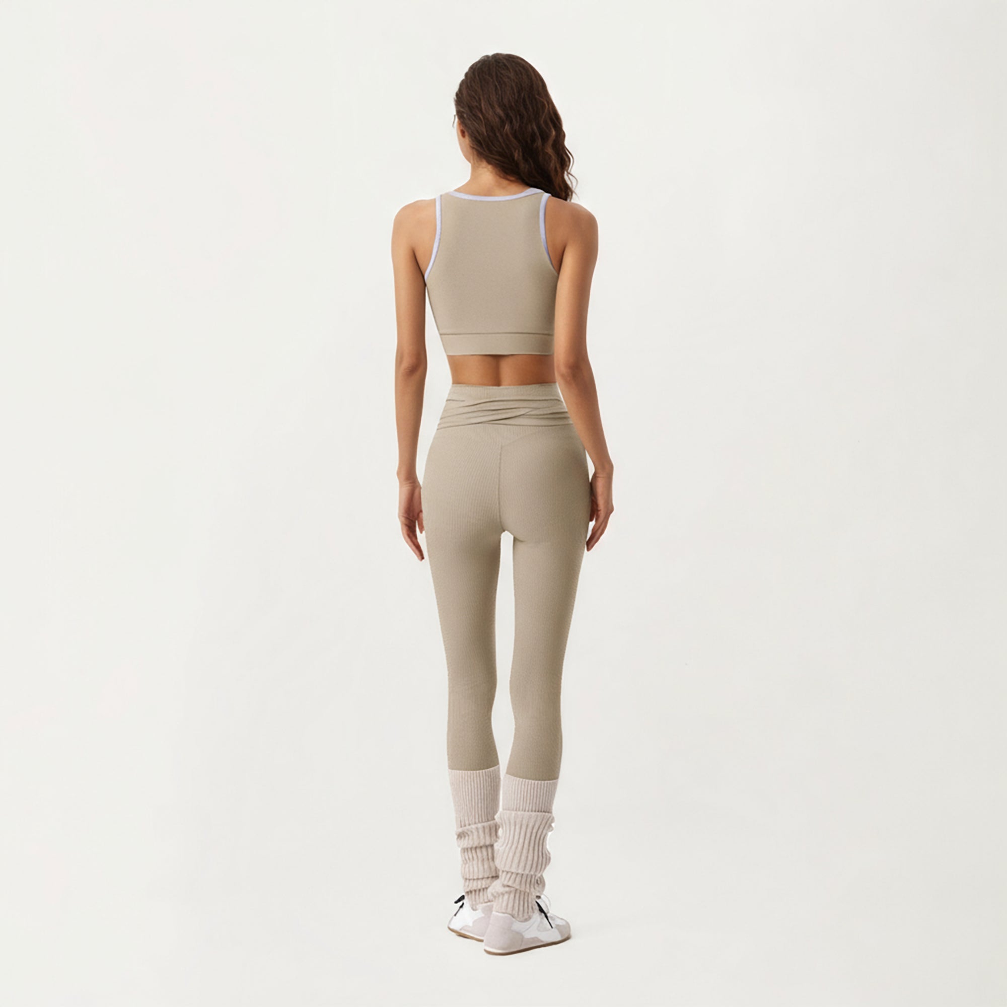 Anna-Kaci Active Women's Ribbed Knit High Waist Leggings with Wrap Tie Waistband and Contrast Cuffed Hem