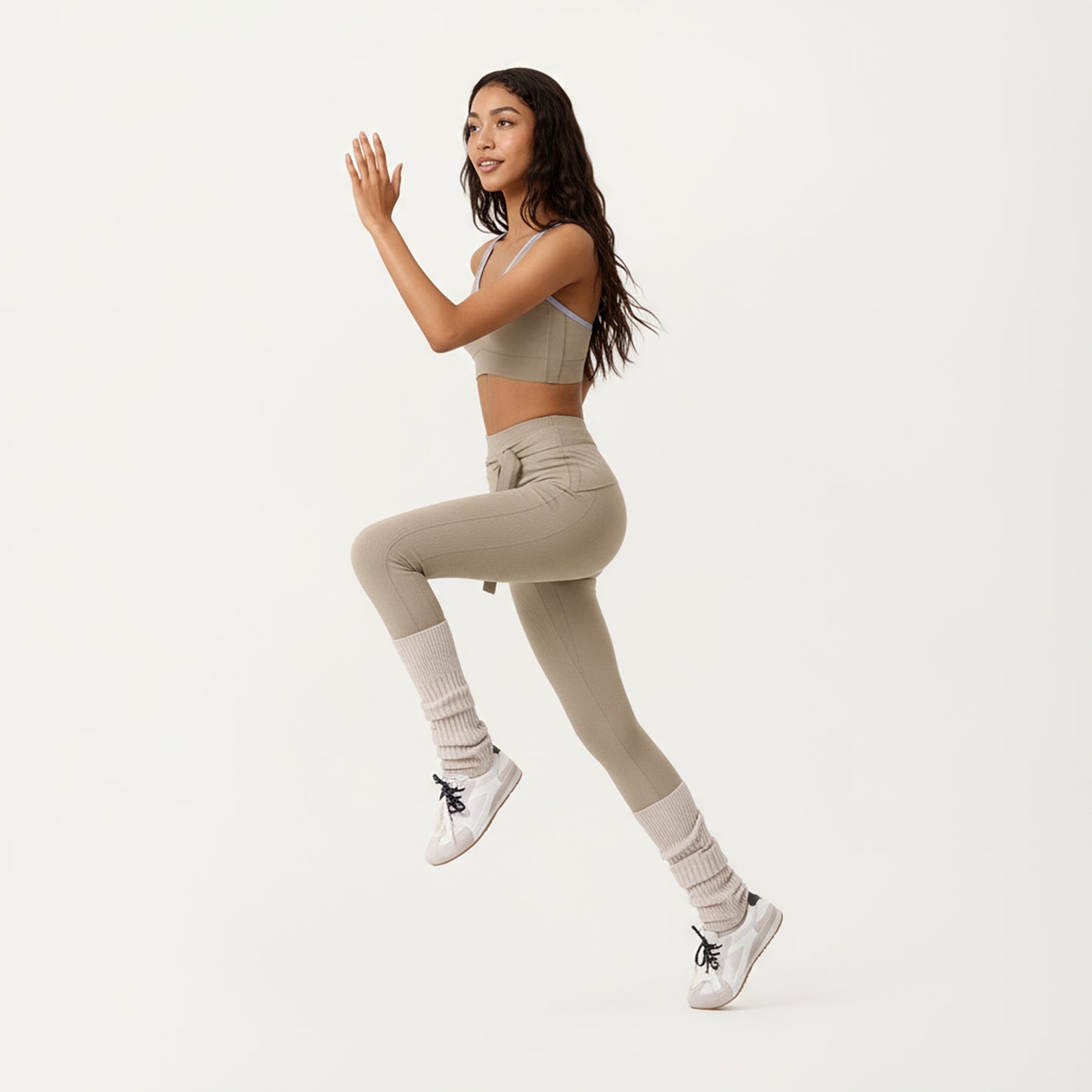 Anna-Kaci Active Women's Ribbed Knit High Waist Leggings with Wrap Tie Waistband and Contrast Cuffed Hem